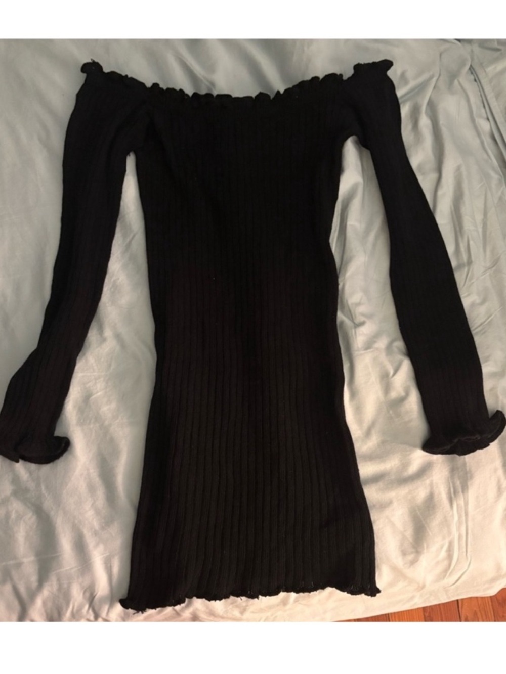 Off-the-Shoulder Ribbed Mini Dress in Black - Picture 3 of 6